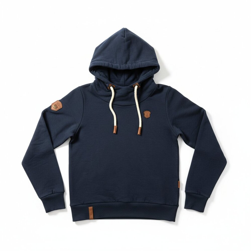 Naketano Hoodie Women's Medium Navy Blue Cowl Neck Owl Patch Thick Rope Pullover